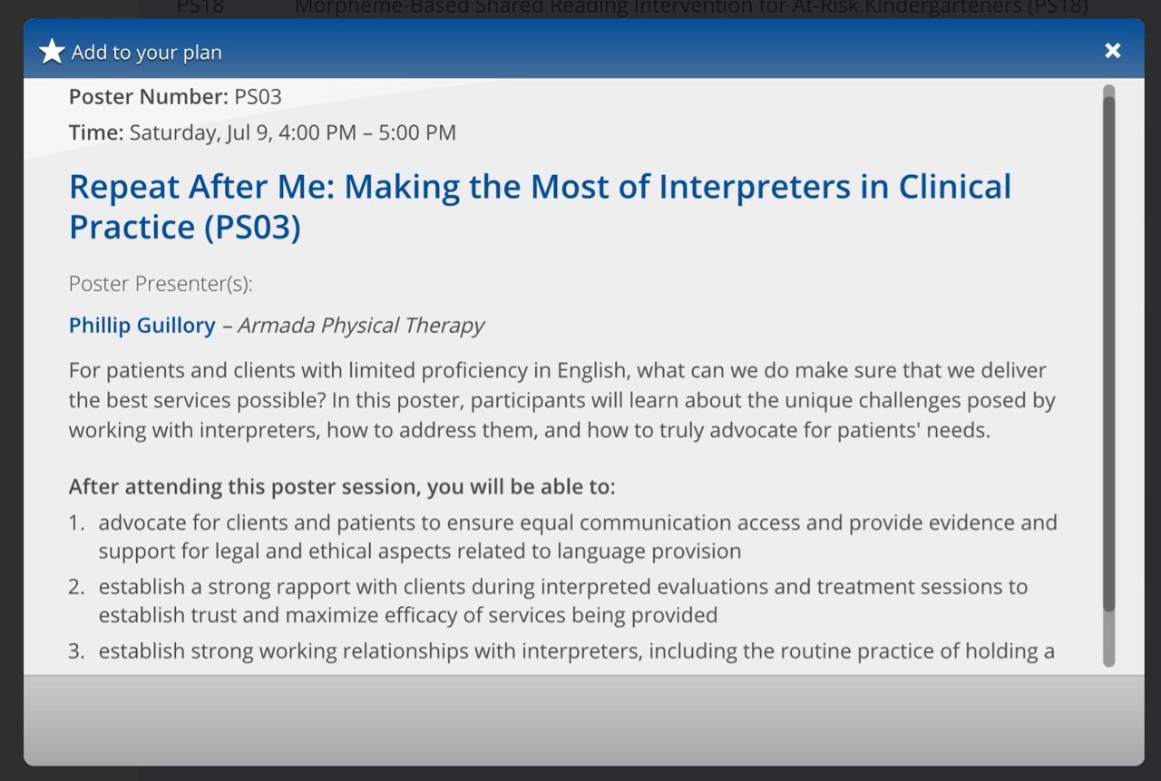 Screenshot of "Repeat After Me: Making the Most of Interpreters in Clinical Practice (PS03)" poster session online.